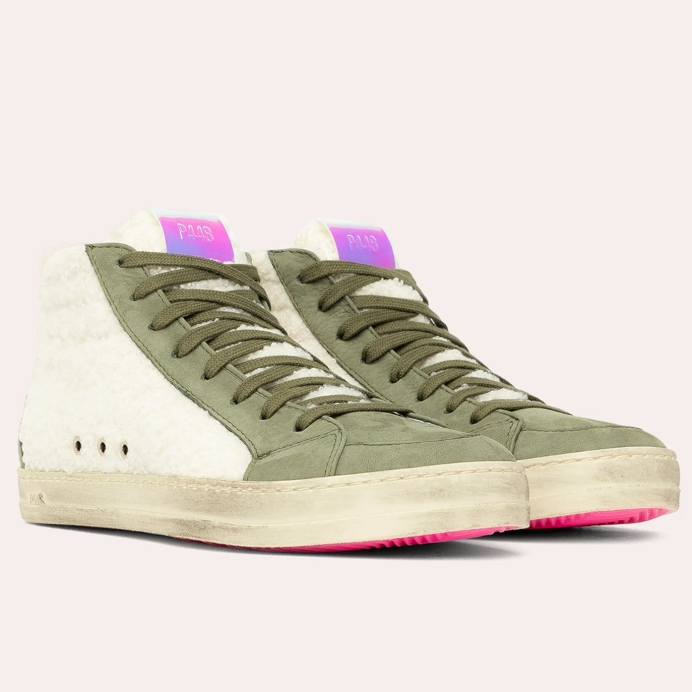 P448 Womens Skate Wad Hi-Top Sneakers Green Leather Faux Shearling Size 36